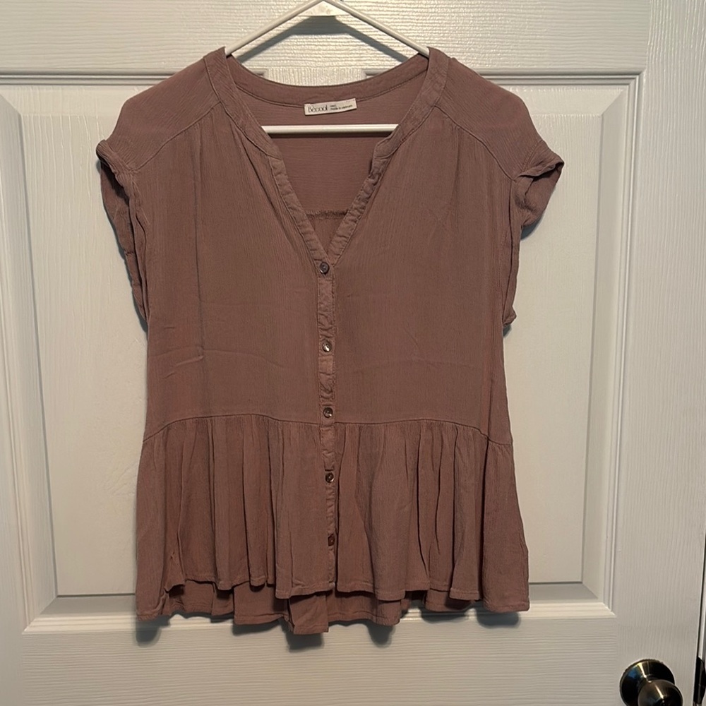 Mauve Ruffled Flutter Sleeve Blouse with Mandarin Collar